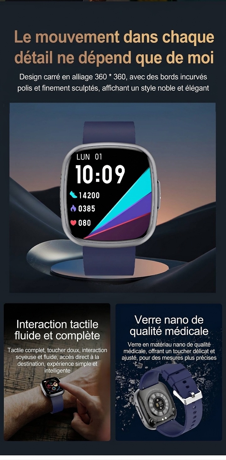 Montre connectée incurvée AMOLED avec ECG, tension artérielle et suivi d'activité physique