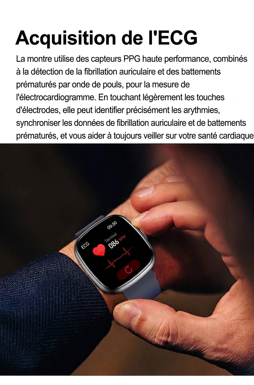 Montre connectée incurvée AMOLED avec ECG, tension artérielle et suivi d'activité physique