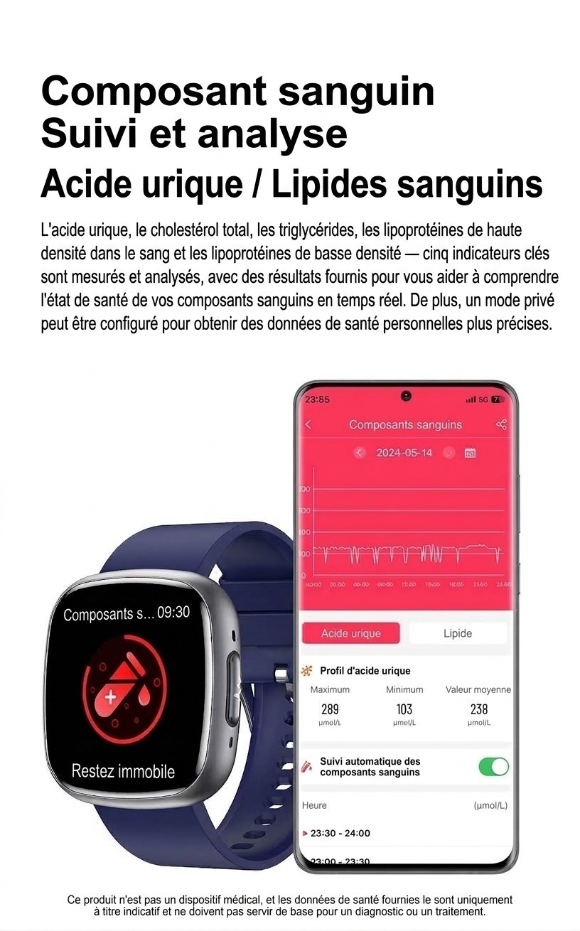 Montre connectée incurvée AMOLED avec ECG, tension artérielle et suivi d'activité physique