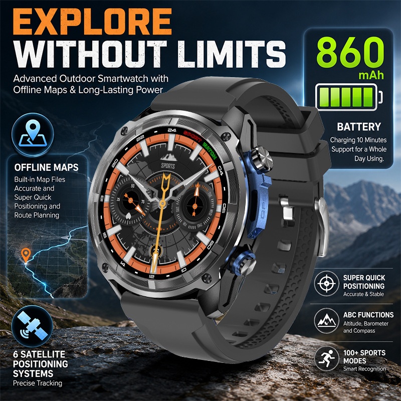 DT G1 Rugged GPS Smart Watch with Round AMOLED Display & Offline Maps