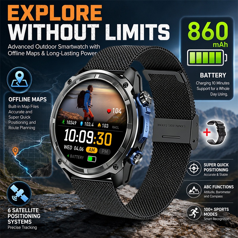 DT G1 Rugged GPS Smart Watch with Round AMOLED Display & Offline Maps