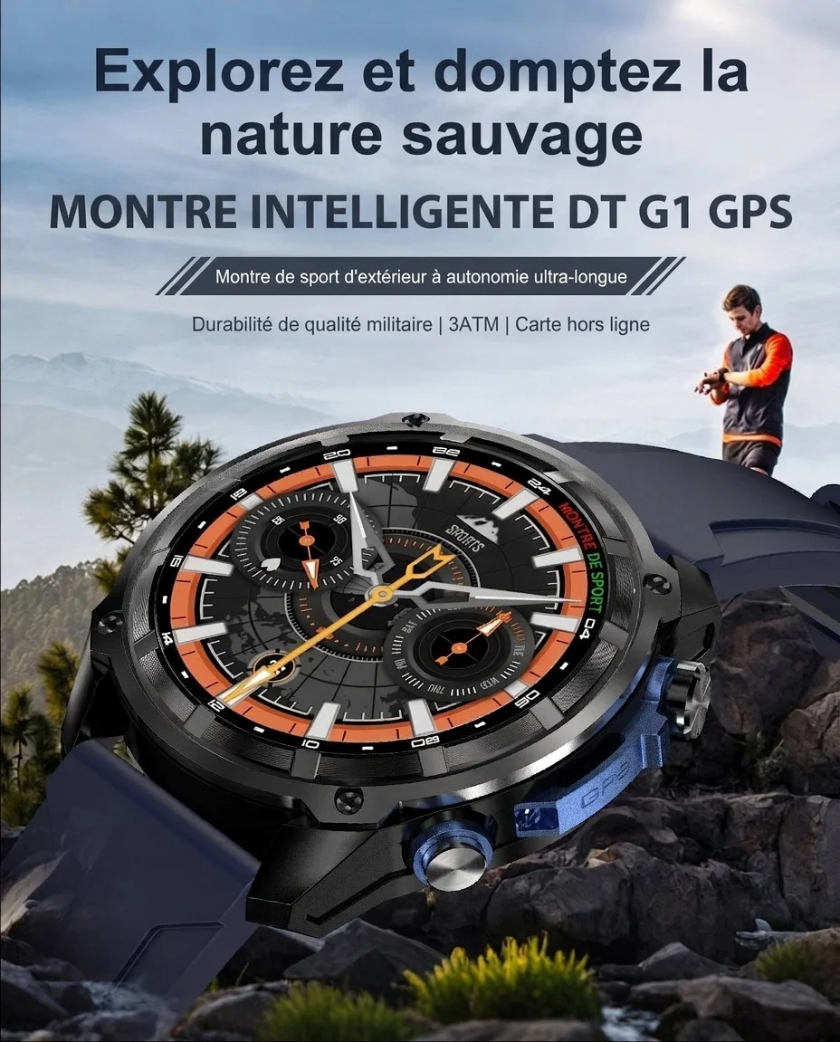 Montre connectée GPS robuste DT G1 avec écran AMOLED rond et cartes hors ligne