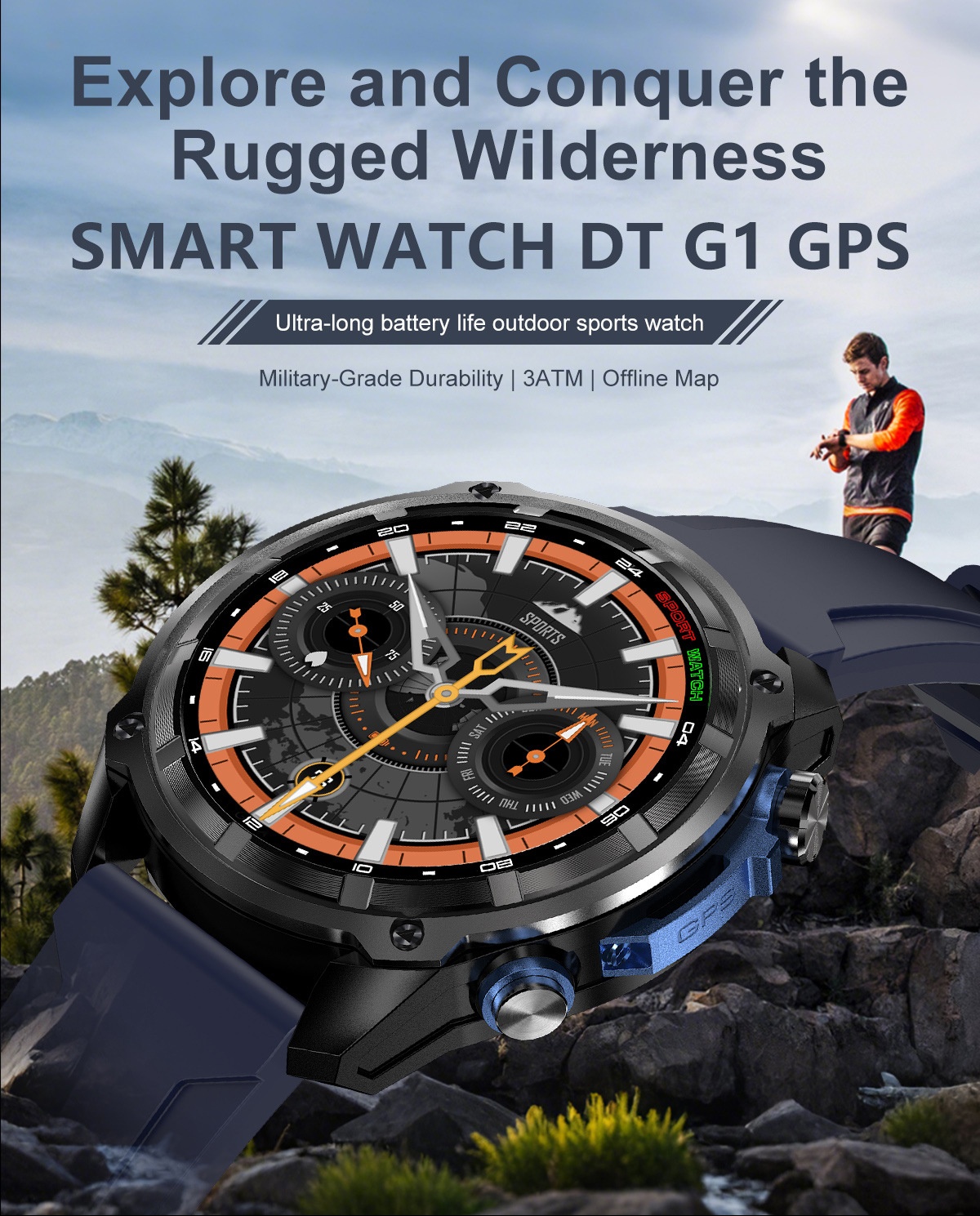 DT G1 Rugged GPS Smart Watch with Round AMOLED Display & Offline Maps
