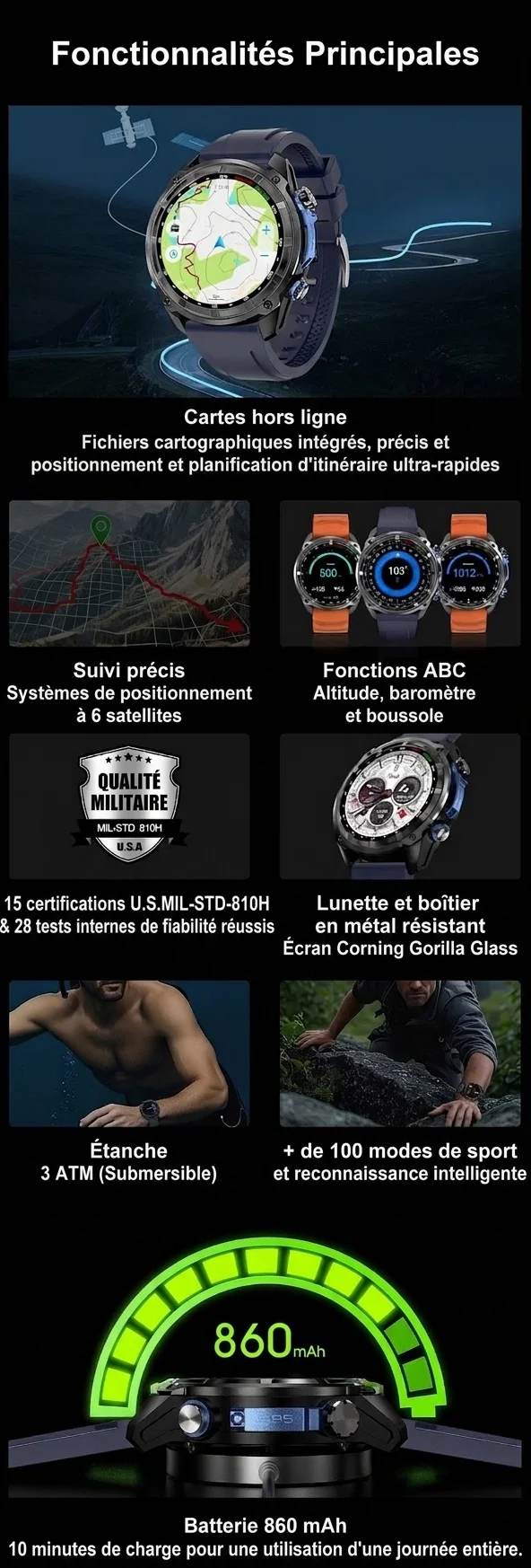 Montre connectée GPS robuste DT G1 avec écran AMOLED rond et cartes hors ligne