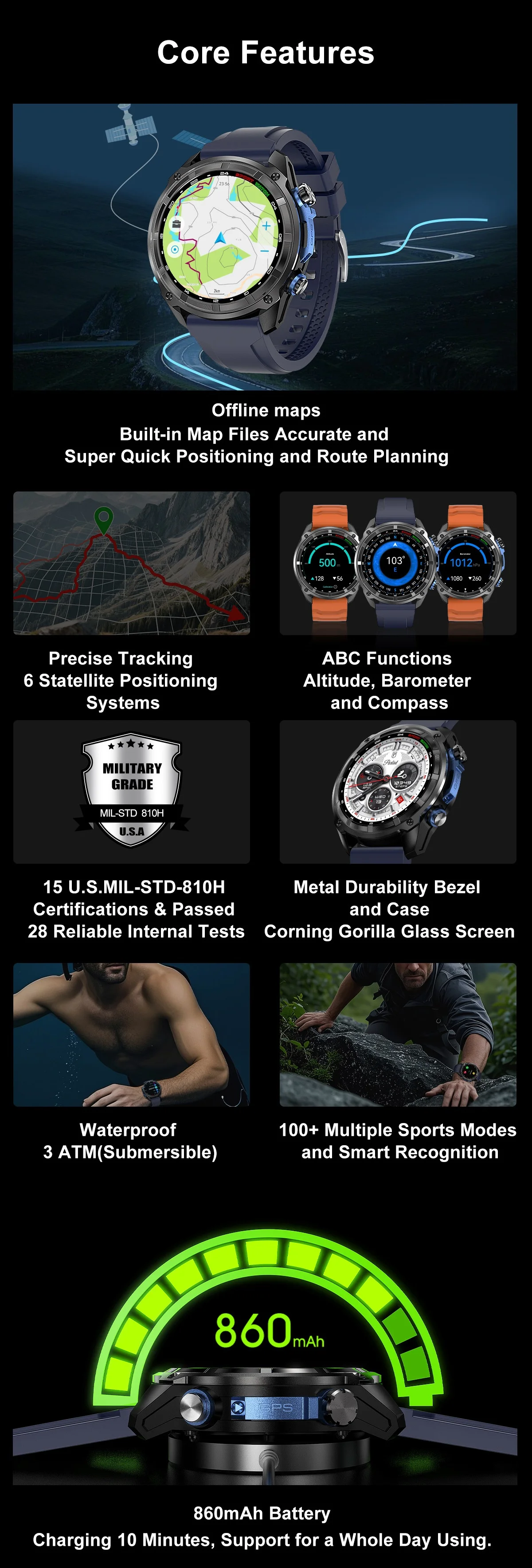 DT G1 Rugged GPS Smart Watch with Round AMOLED Display & Offline Maps