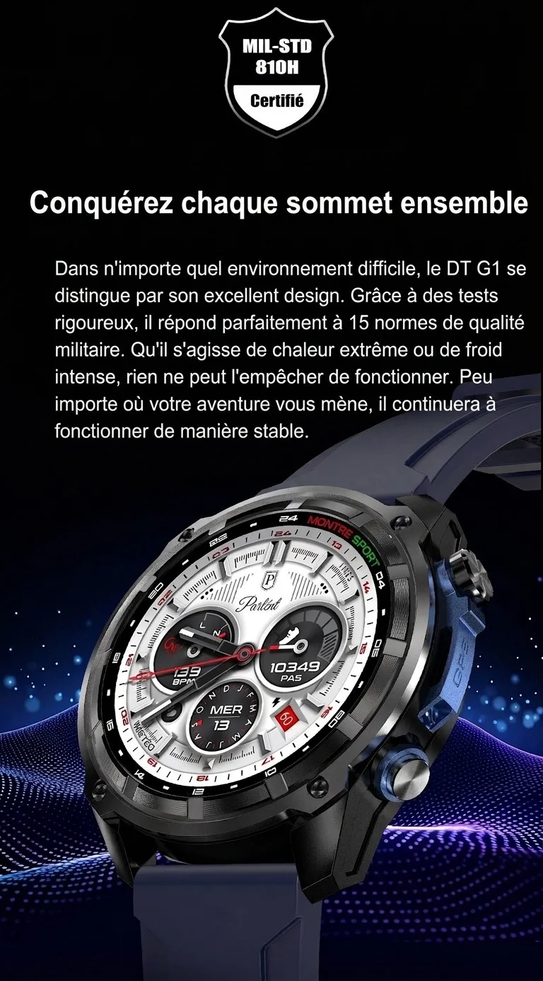 Montre connectée GPS robuste DT G1 avec écran AMOLED rond et cartes hors ligne