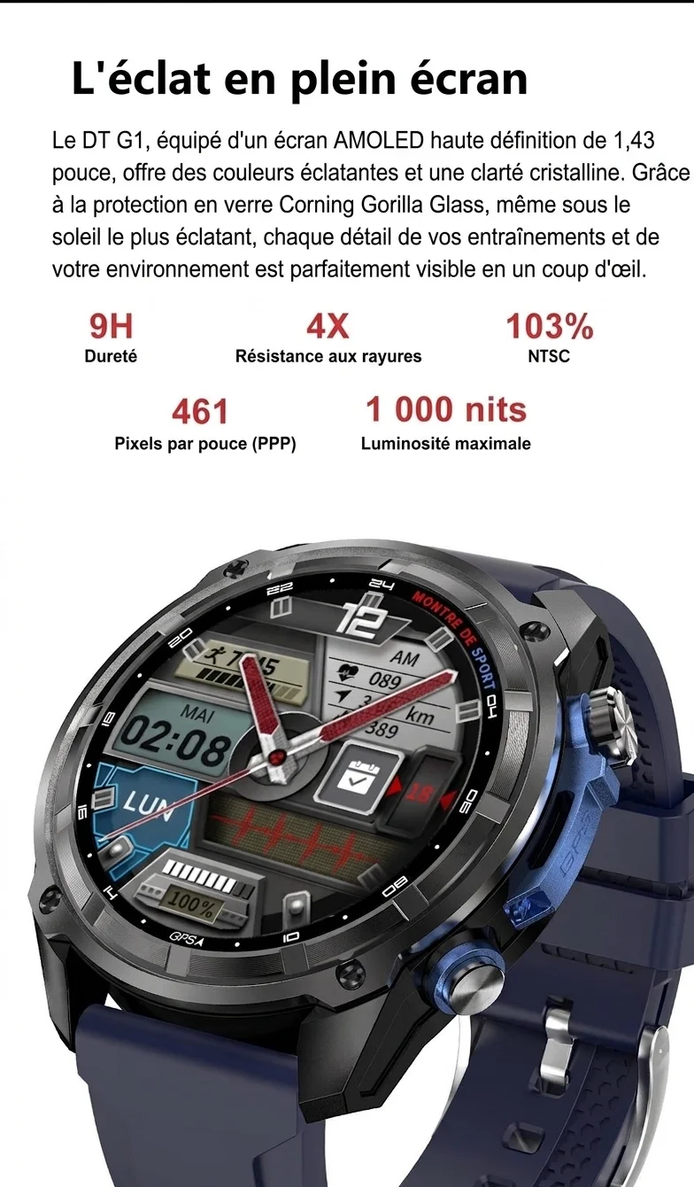 Montre connectée GPS robuste DT G1 avec écran AMOLED rond et cartes hors ligne