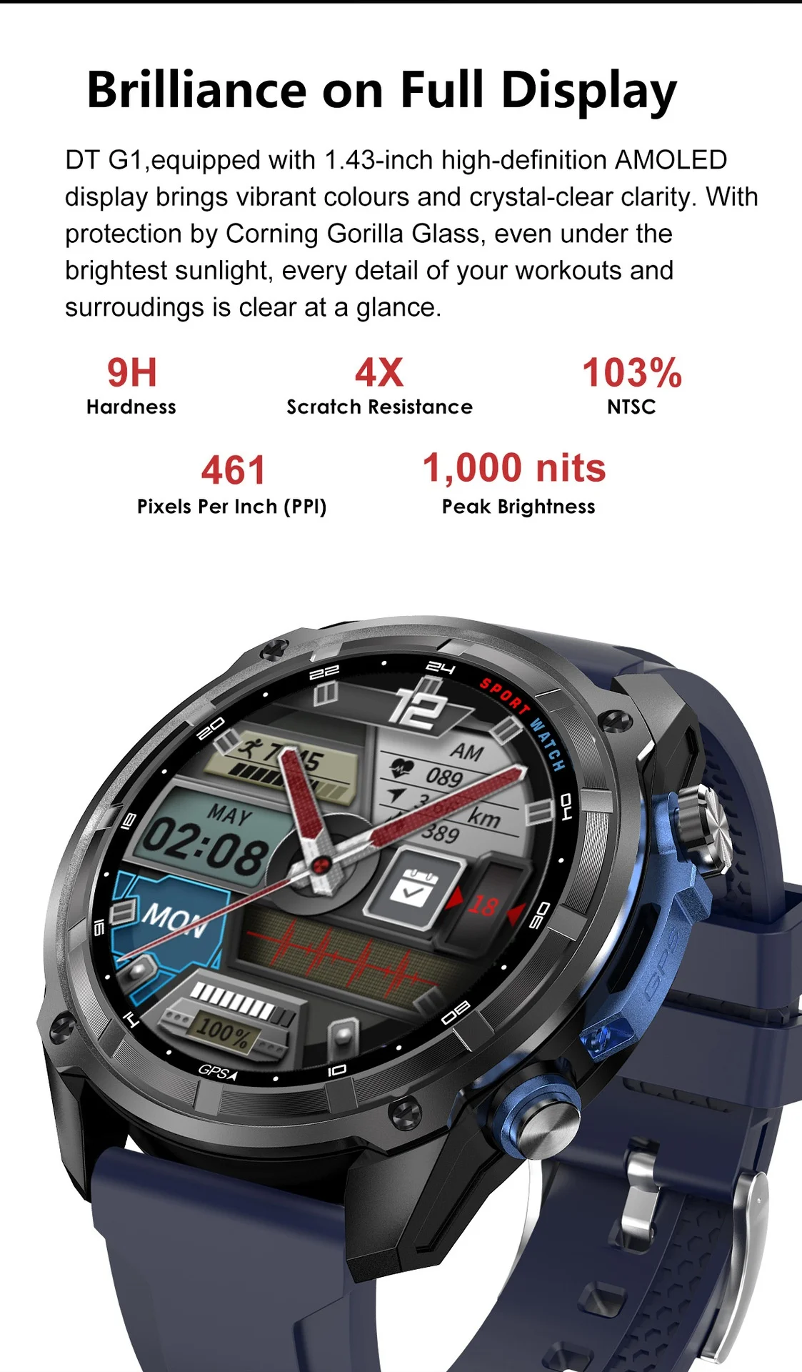 DT G1 Rugged GPS Smart Watch with Round AMOLED Display & Offline Maps