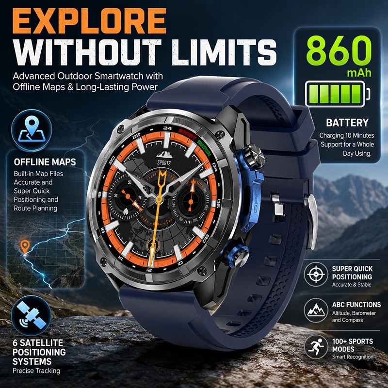 DT G1 Rugged GPS Smart Watch with Round AMOLED Display & Offline Maps