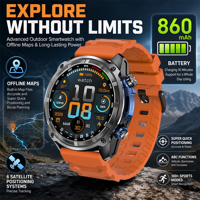 DT G1 Rugged GPS Smart Watch with Round AMOLED Display & Offline Maps