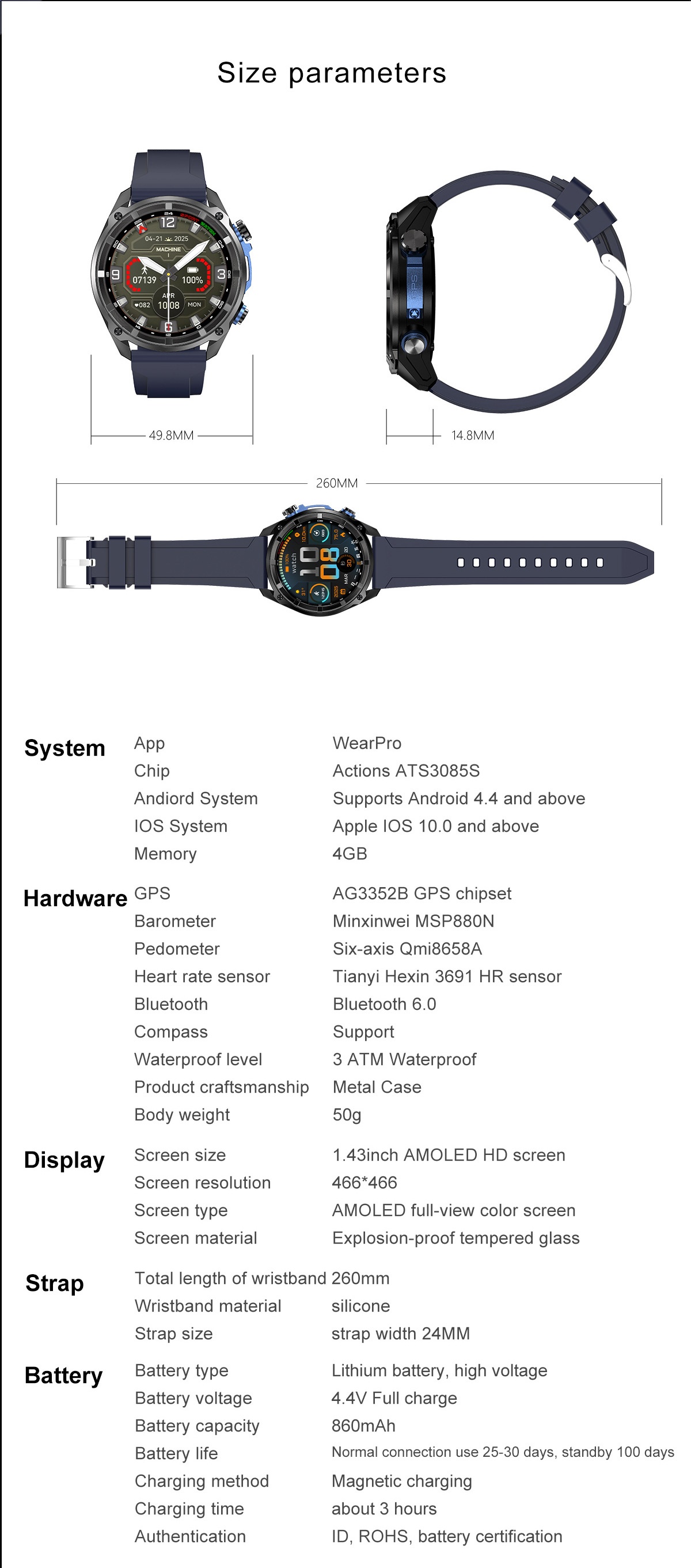 DT G1 Rugged GPS Smart Watch with Round AMOLED Display & Offline Maps