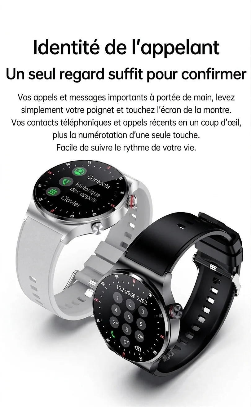 Montre connectée avec écran HD rond, appels Bluetooth et suivi de santé