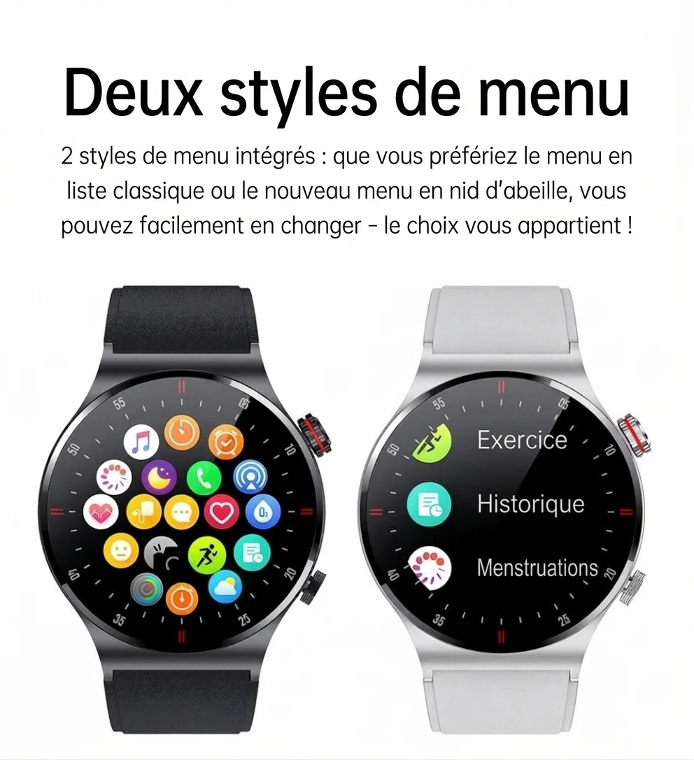 Montre connectée avec écran HD rond, appels Bluetooth et suivi de santé