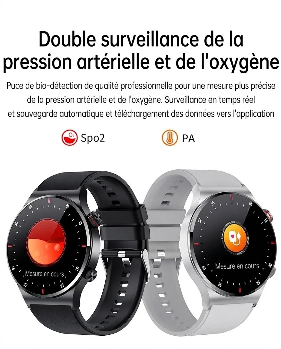 Montre connectée avec écran HD rond, appels Bluetooth et suivi de santé