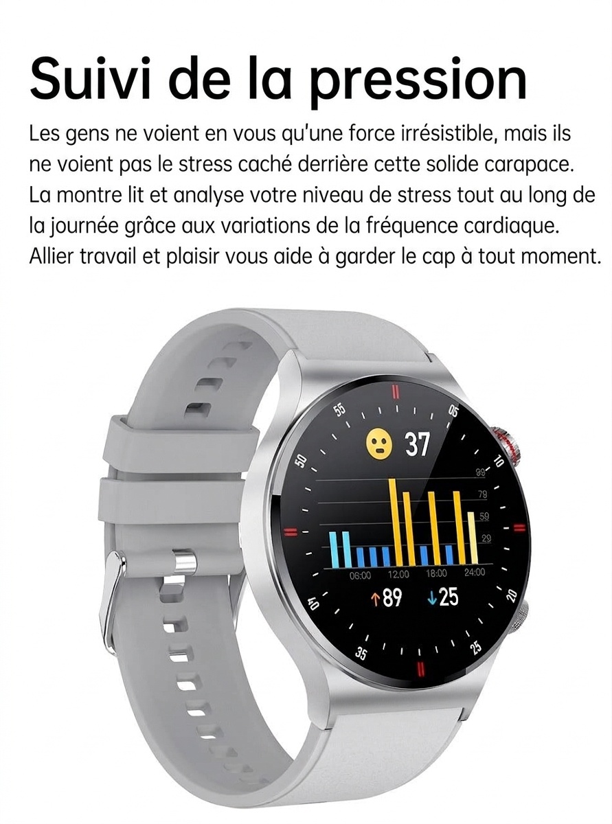 Montre connectée avec écran HD rond, appels Bluetooth et suivi de santé