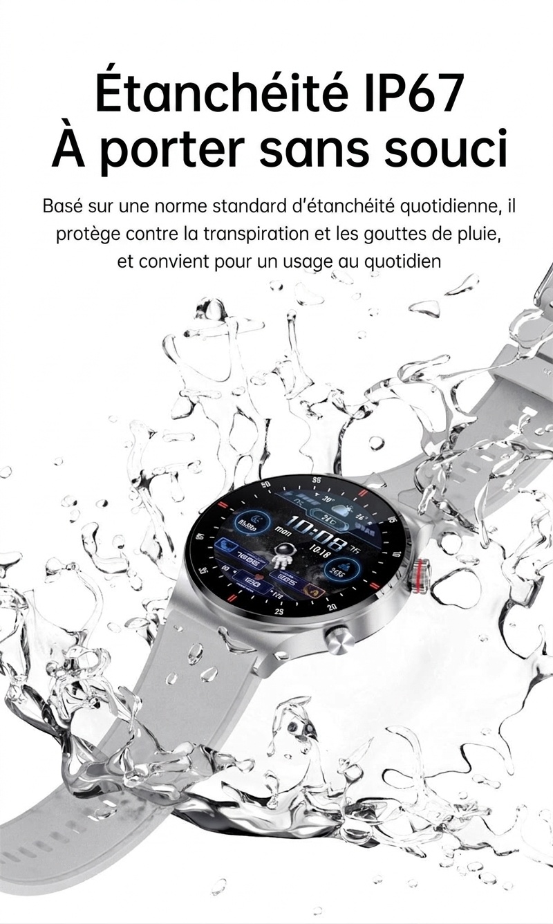 Montre connectée avec écran HD rond, appels Bluetooth et suivi de santé
