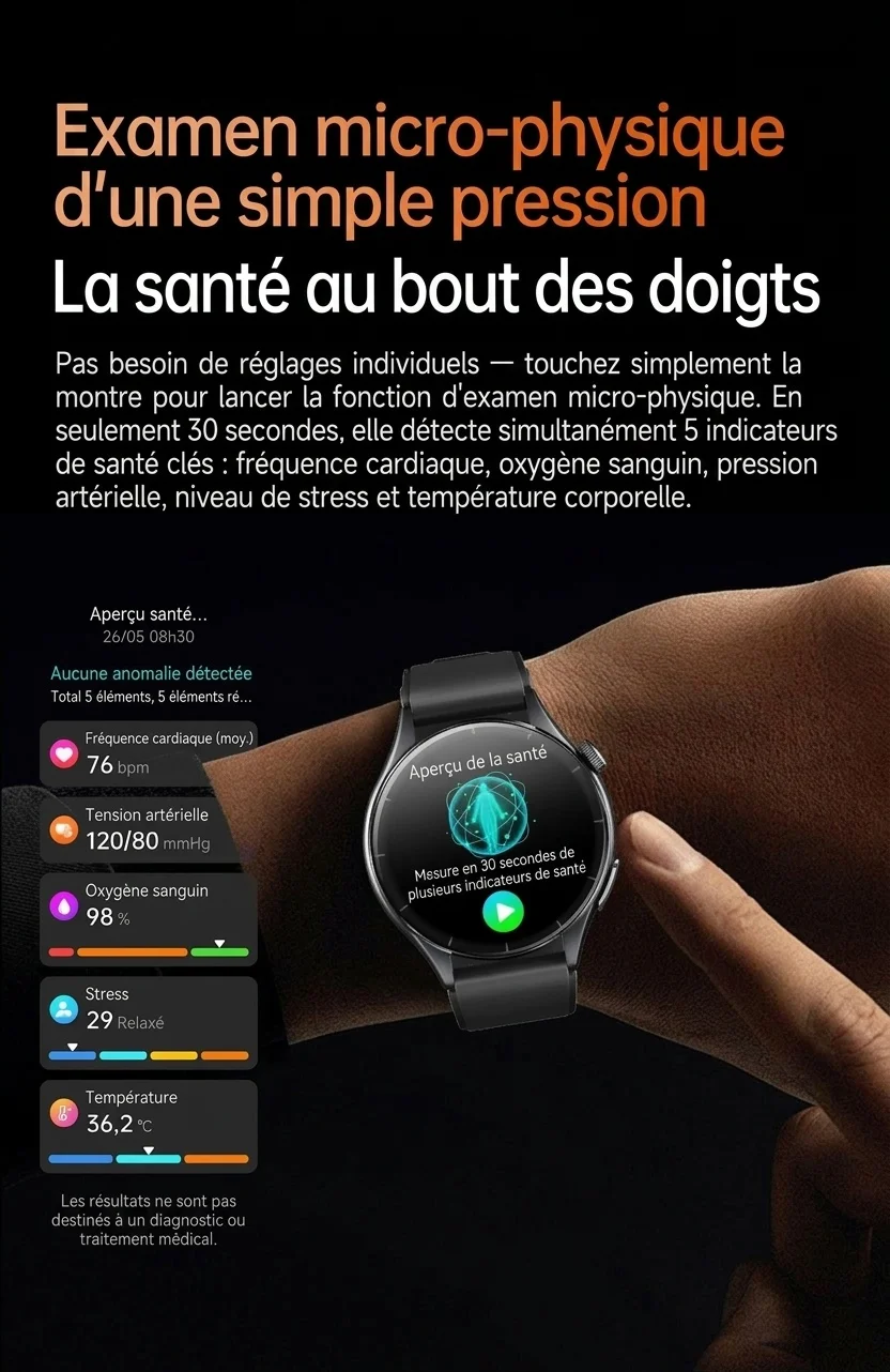Montre connectée de santé avancée avec écran AMOLED rond, ECG et NFC