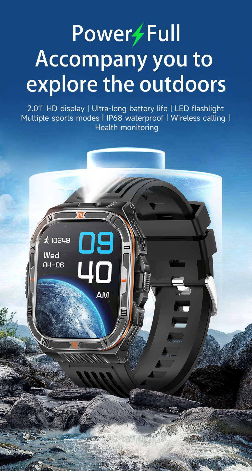 HT38 Rugged Smart Watch with 2.01" HD Display, GPS & IP68 Waterproof