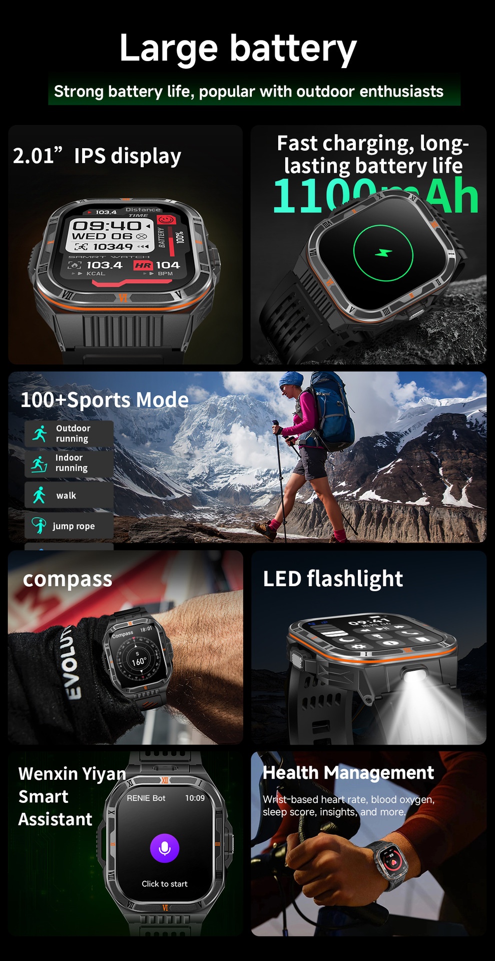 HT38 Rugged Smart Watch with 2.01" HD Display, GPS & IP68 Waterproof