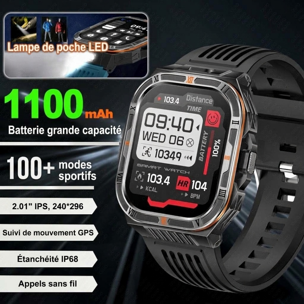 Montre connectée robuste HT38 avec écran HD 2,01 pouces, GPS et étanchéité IP68