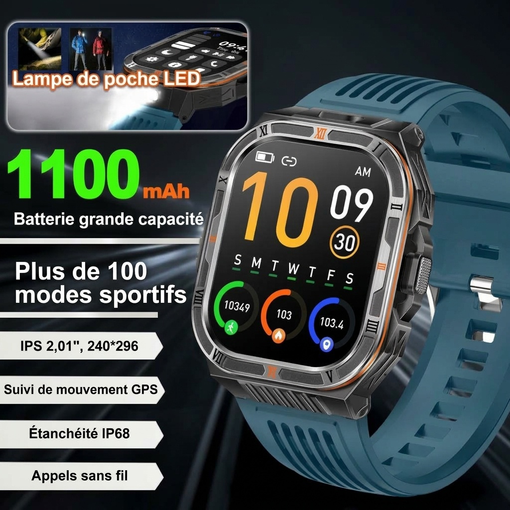 Montre connectée robuste HT38 avec écran HD 2,01 pouces, GPS et étanchéité IP68