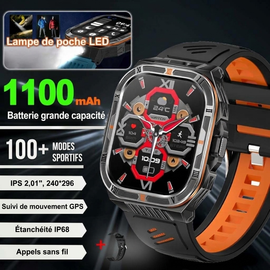 Montre connectée robuste HT38 avec écran HD 2,01 pouces, GPS et étanchéité IP68