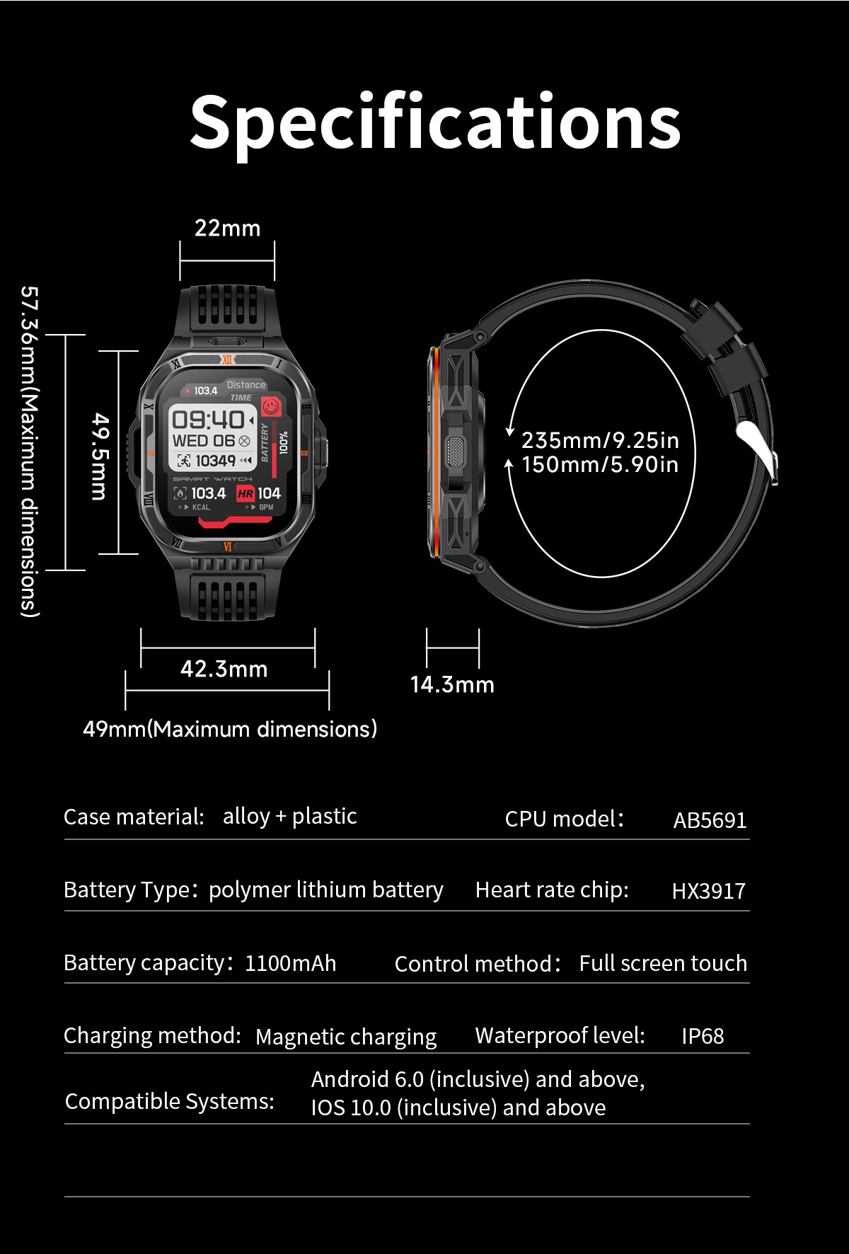 HT38 Rugged Smart Watch with 2.01" HD Display, GPS & IP68 Waterproof