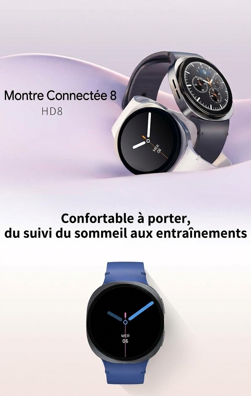 Montre connectée HD8 8 avec écran AMOLED rond et appels Bluetooth
