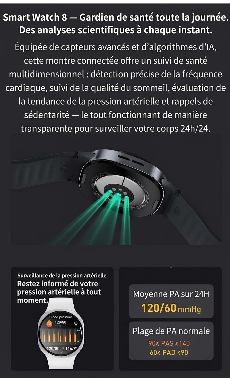 Montre connectée HD8 8 avec écran AMOLED rond et appels Bluetooth