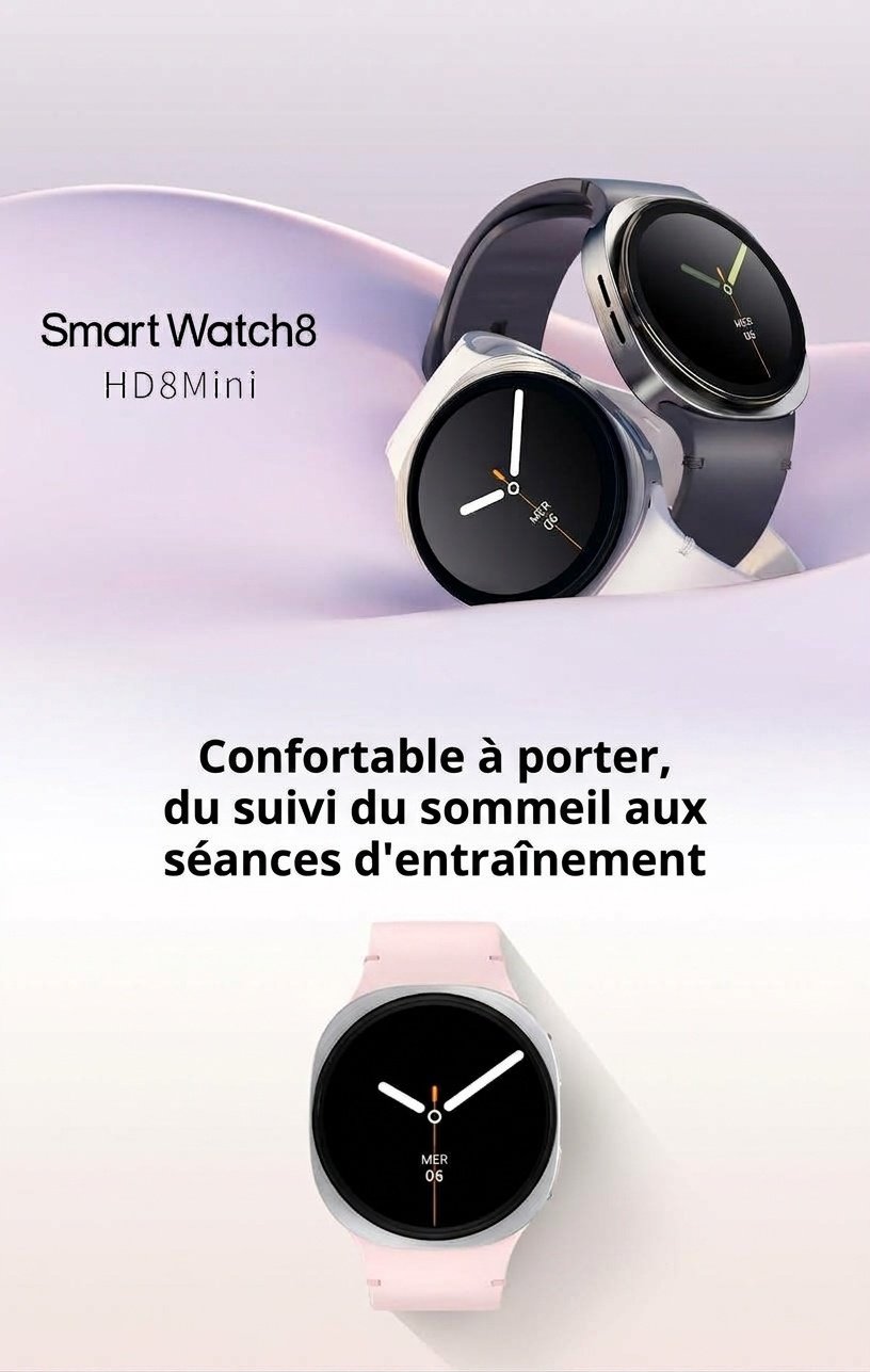 Montre connectée HD8 Mini avec écran rond, GPS et assistant vocal IA