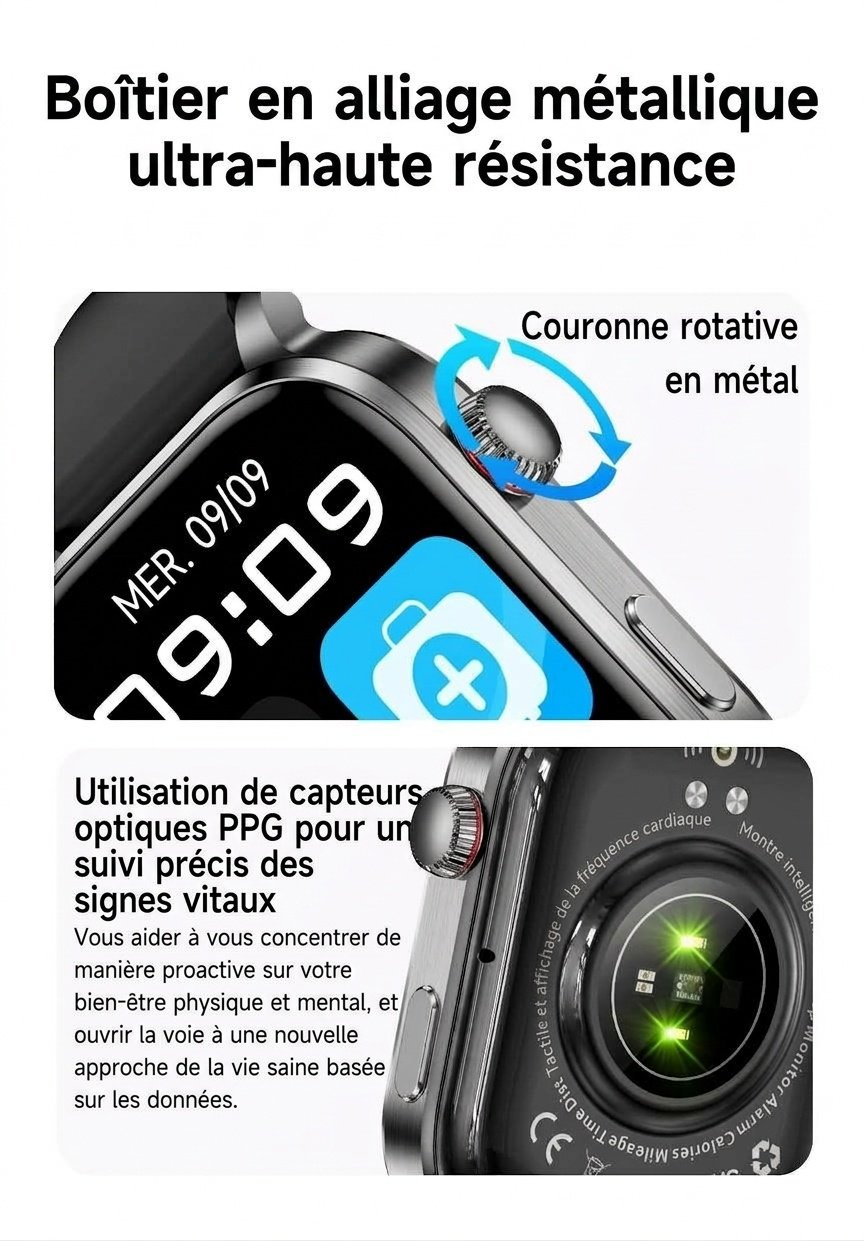 Montre connectée F300 avec ECG, SpO2, thérapie laser et appels Bluetooth