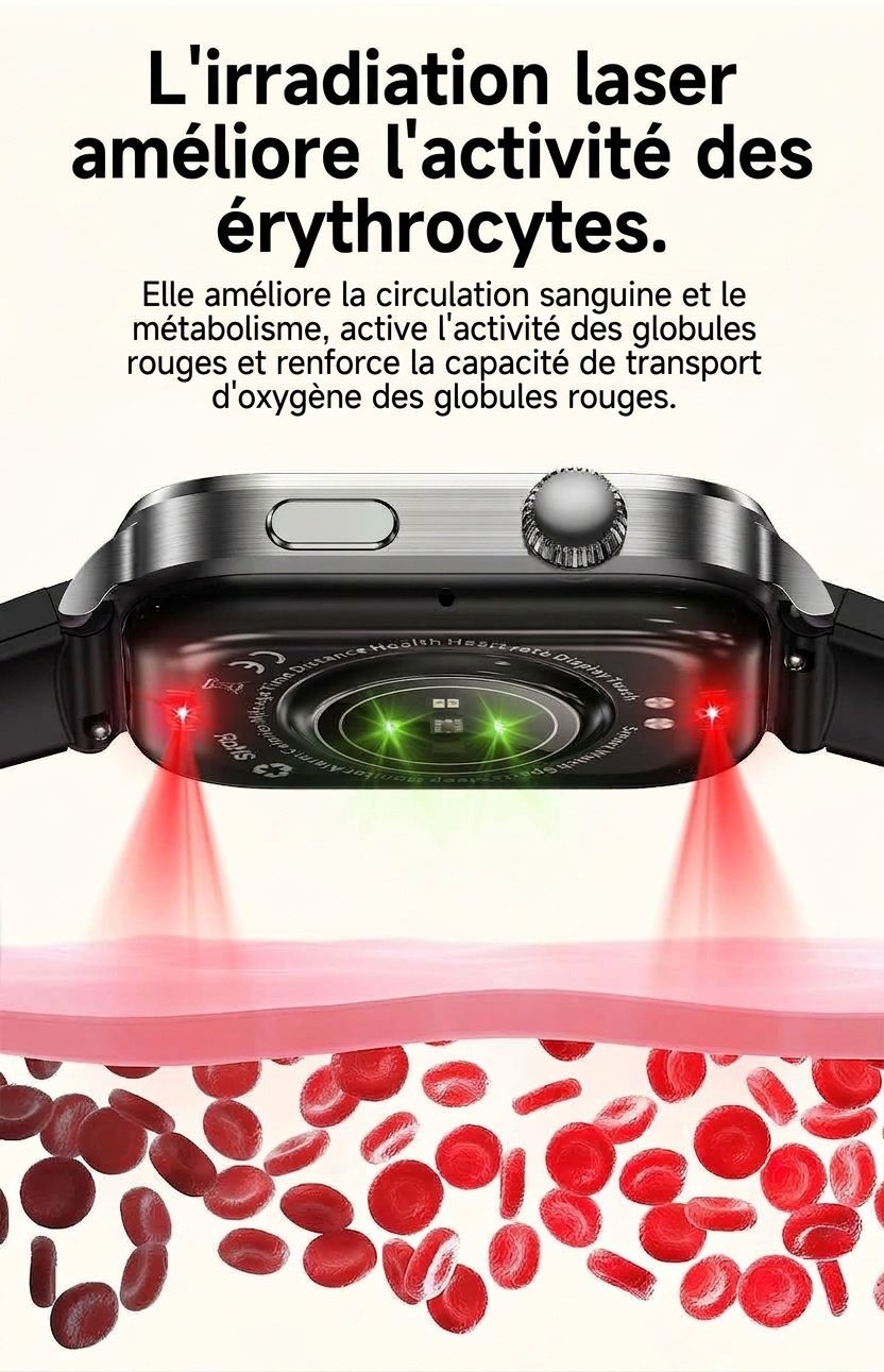 Montre connectée F300 avec ECG, SpO2, thérapie laser et appels Bluetooth