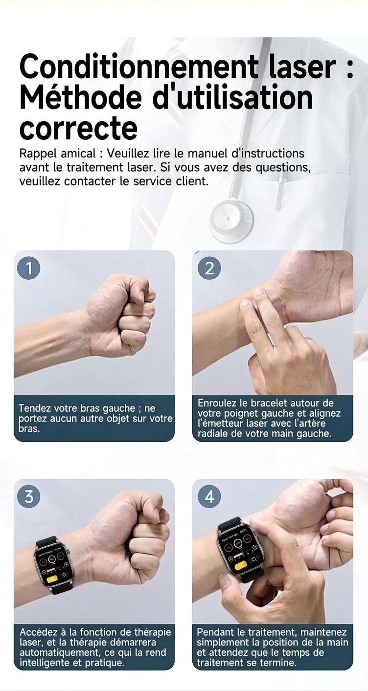 Montre connectée F300 avec ECG, SpO2, thérapie laser et appels Bluetooth