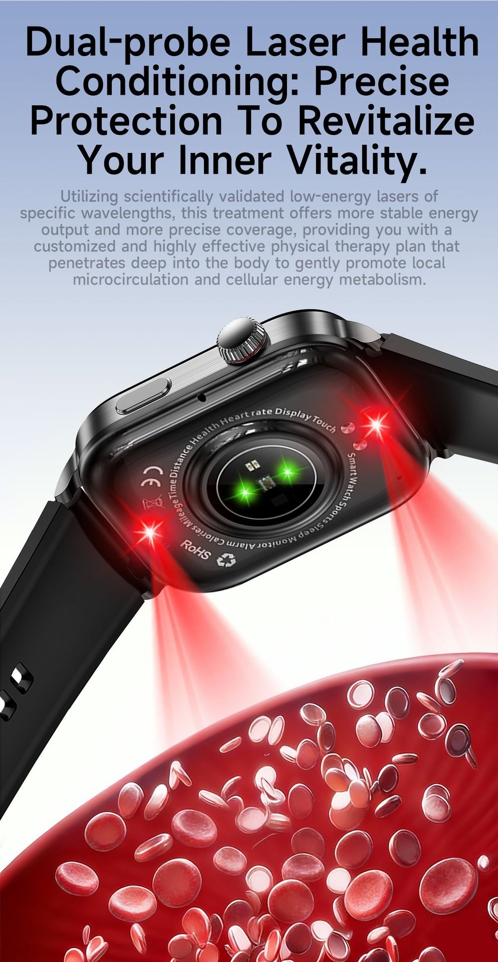 Montre connectée F300 avec ECG, SpO2, thérapie laser et appels Bluetooth