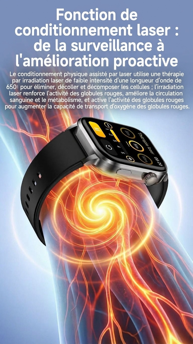 Montre connectée F300 avec ECG, SpO2, thérapie laser et appels Bluetooth