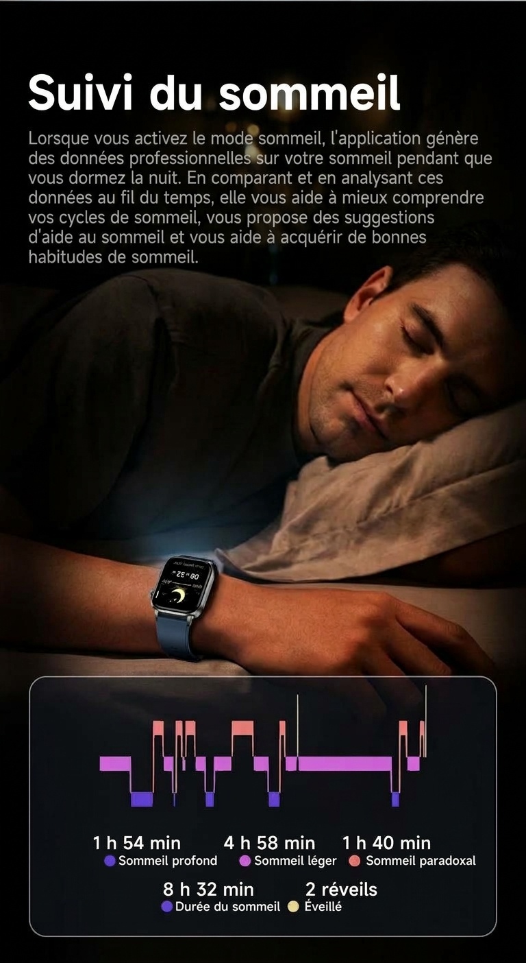 Montre connectée F300 avec ECG, SpO2, thérapie laser et appels Bluetooth
