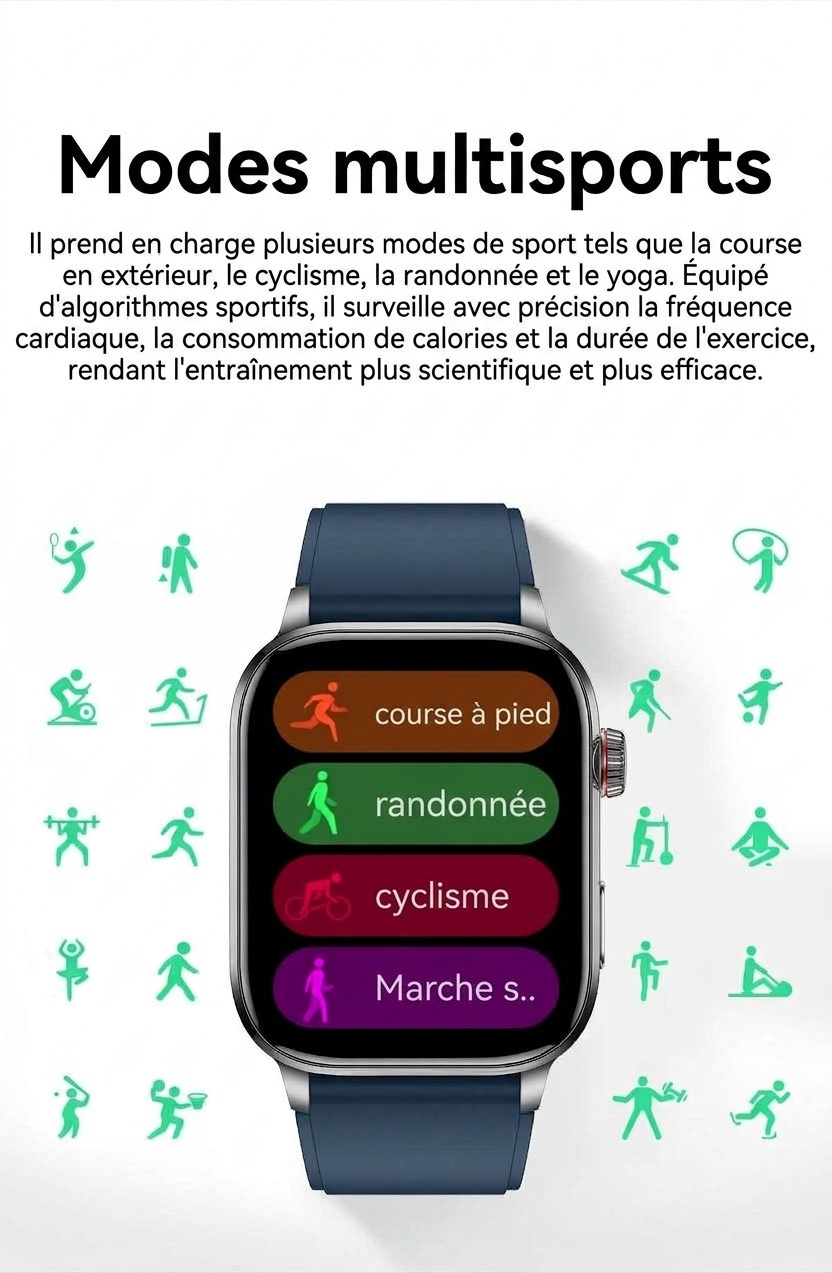 Montre connectée F300 avec ECG, SpO2, thérapie laser et appels Bluetooth