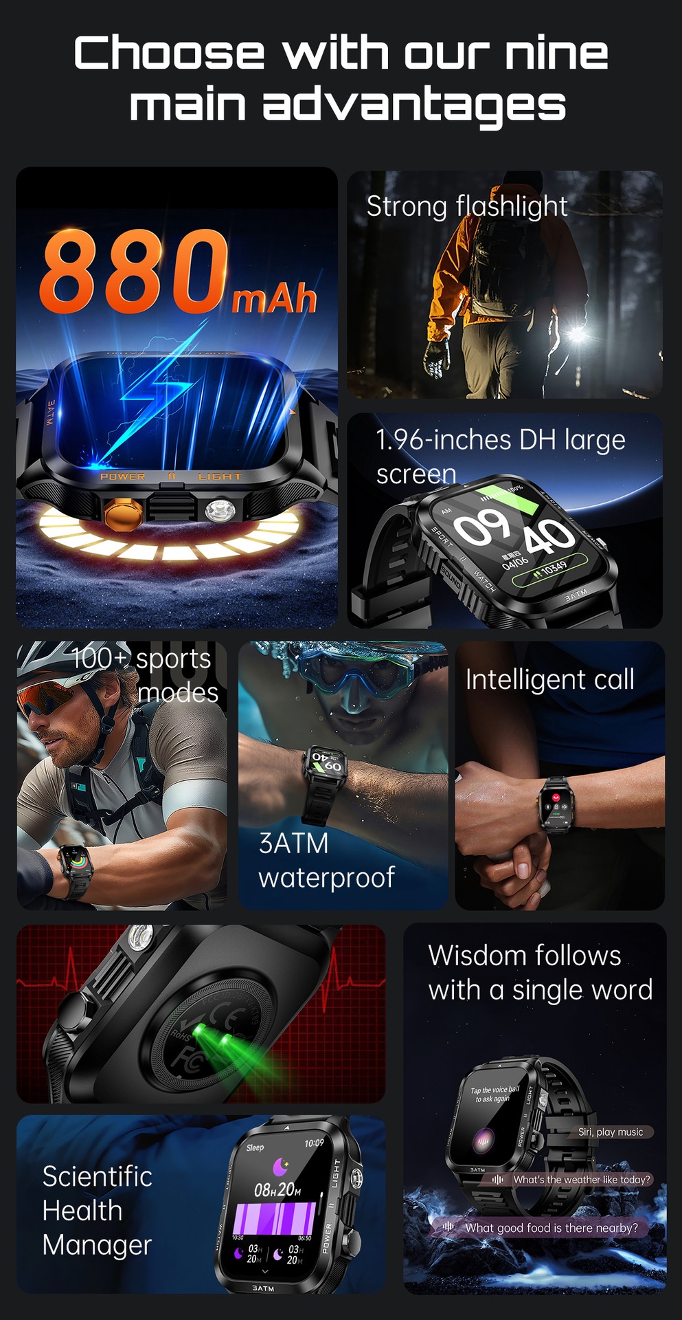 KT89 Rugged Smart Watch with Flashlight, 880mAh Battery & Sports Modes