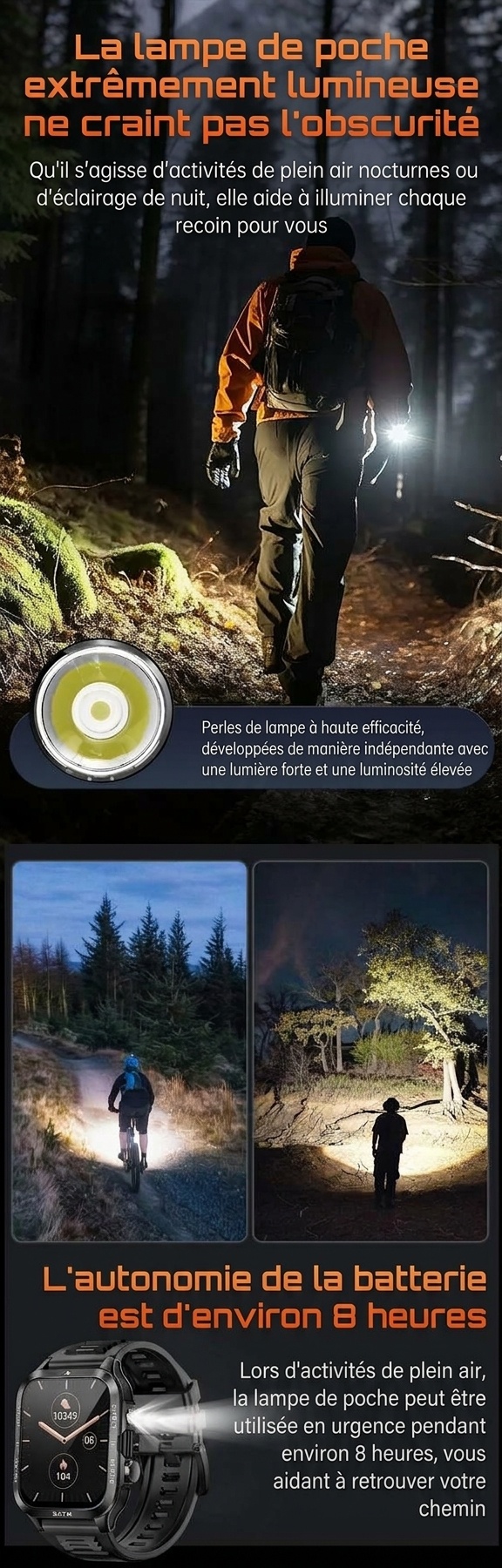 Montre connectée robuste KT89 avec lampe torche, batterie 880 mAh et modes sportifs