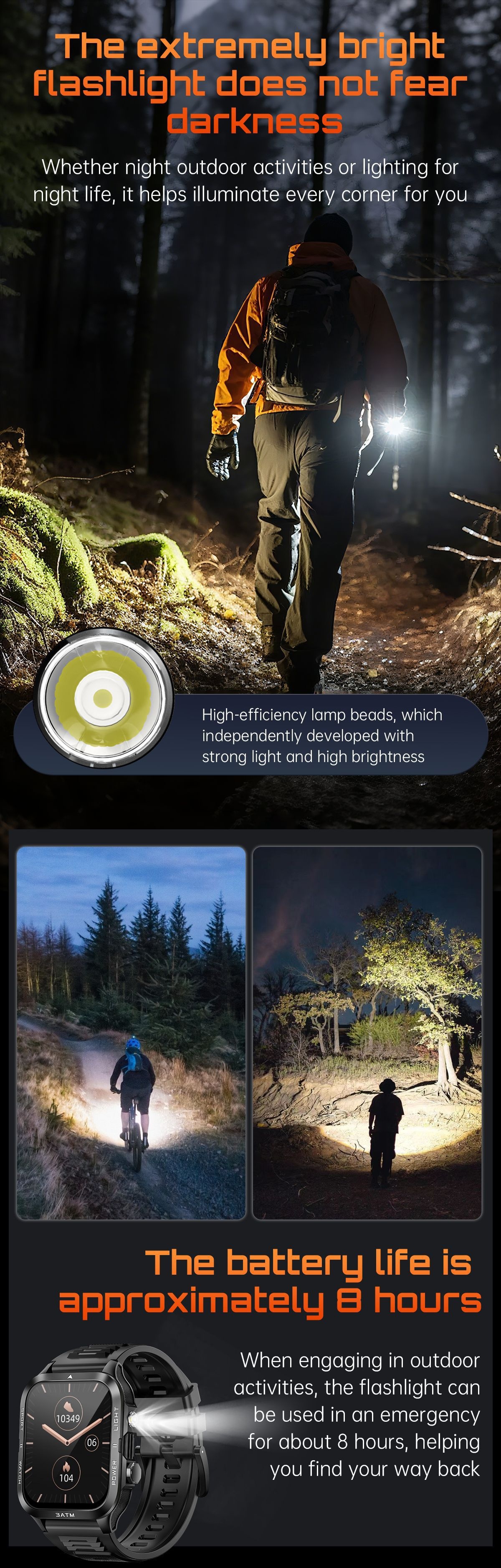 KT89 Rugged Smart Watch with Flashlight, 880mAh Battery & Sports Modes