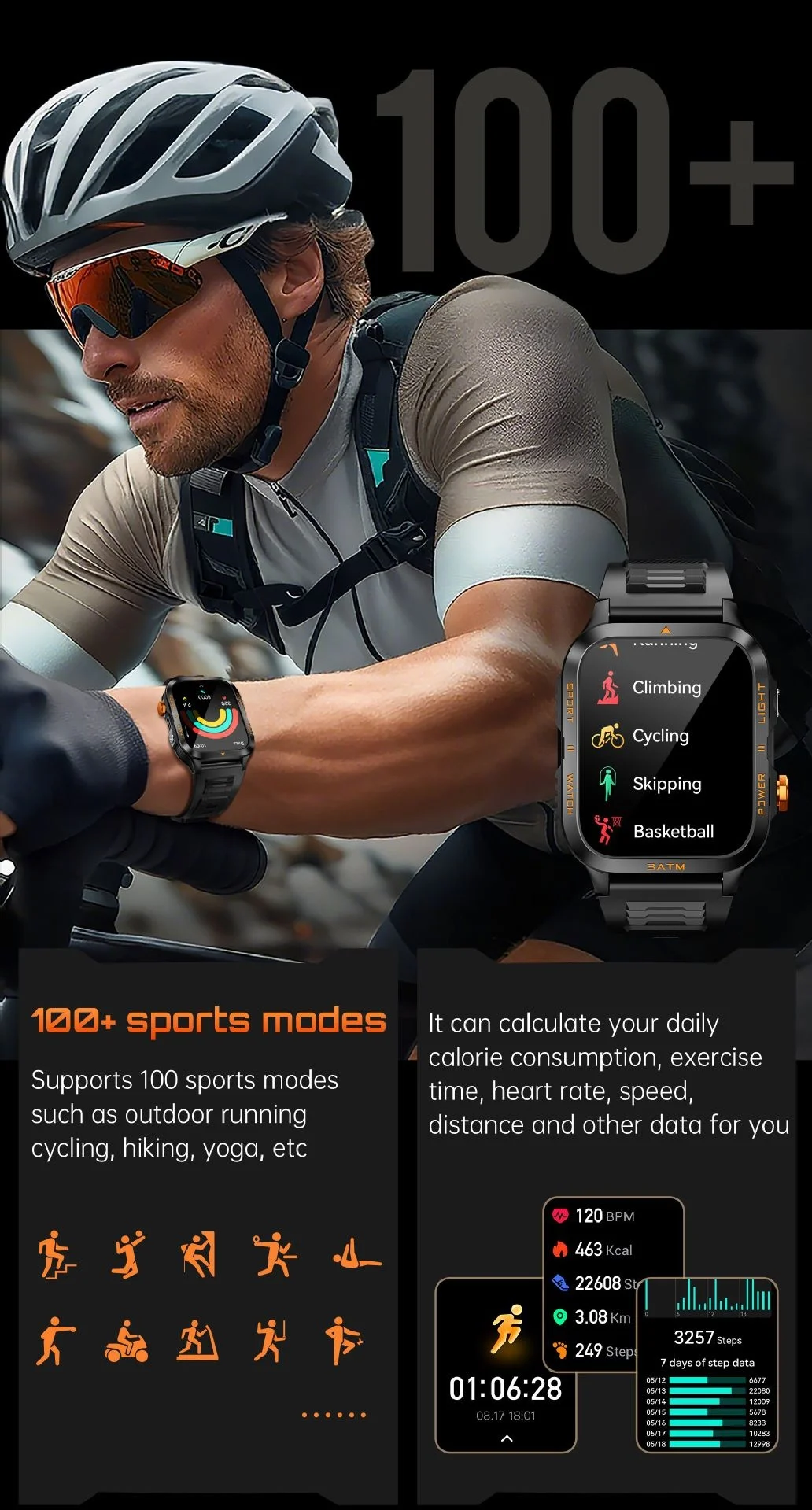 KT89 Rugged Smart Watch with Flashlight, 880mAh Battery & Sports Modes