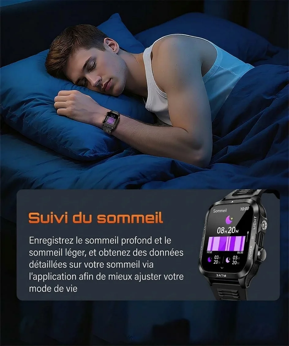 Montre connectée robuste KT89 avec lampe torche, batterie 880 mAh et modes sportifs