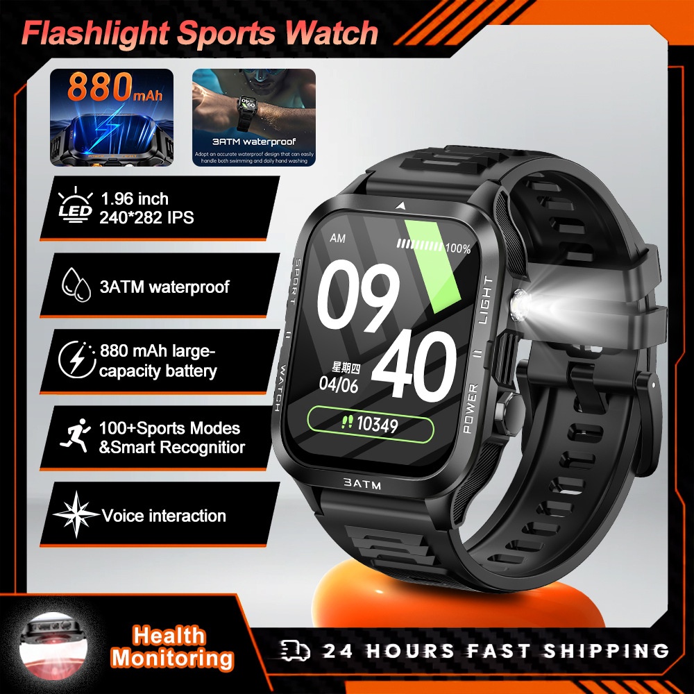 KT89 Rugged Smart Watch with Flashlight, 880mAh Battery & Sports Modes