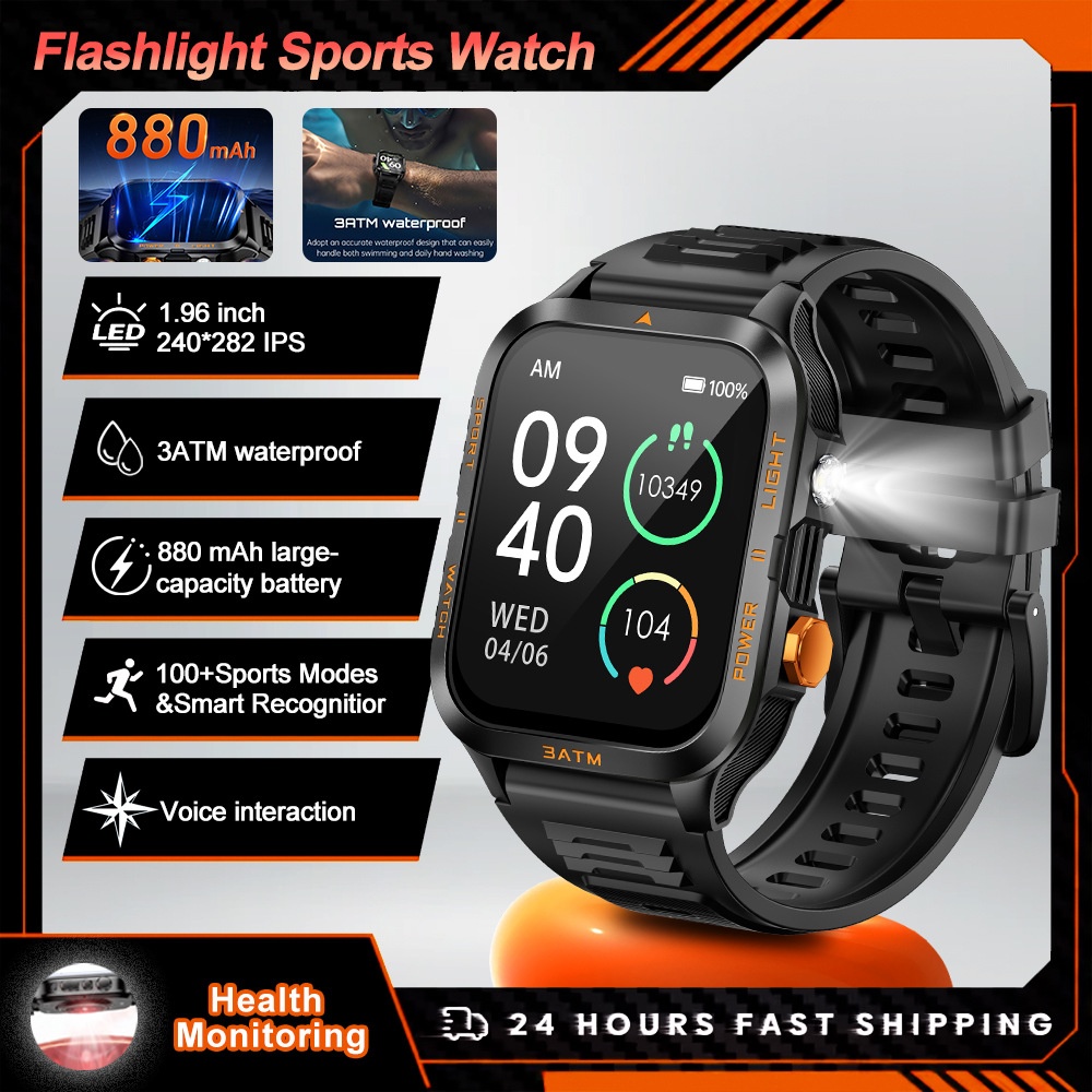 KT89 Rugged Smart Watch with Flashlight, 880mAh Battery & Sports Modes