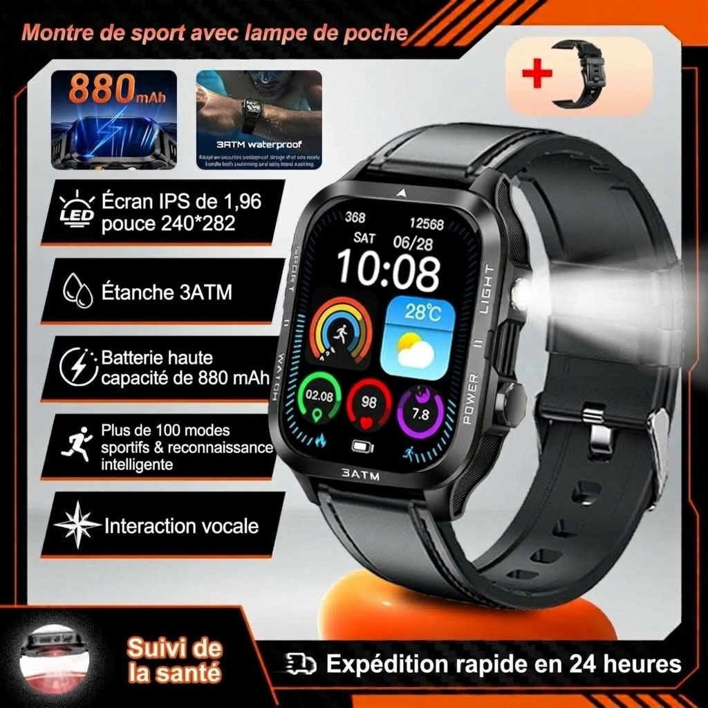 Montre connectée robuste KT89 avec lampe torche, batterie 880 mAh et modes sportifs