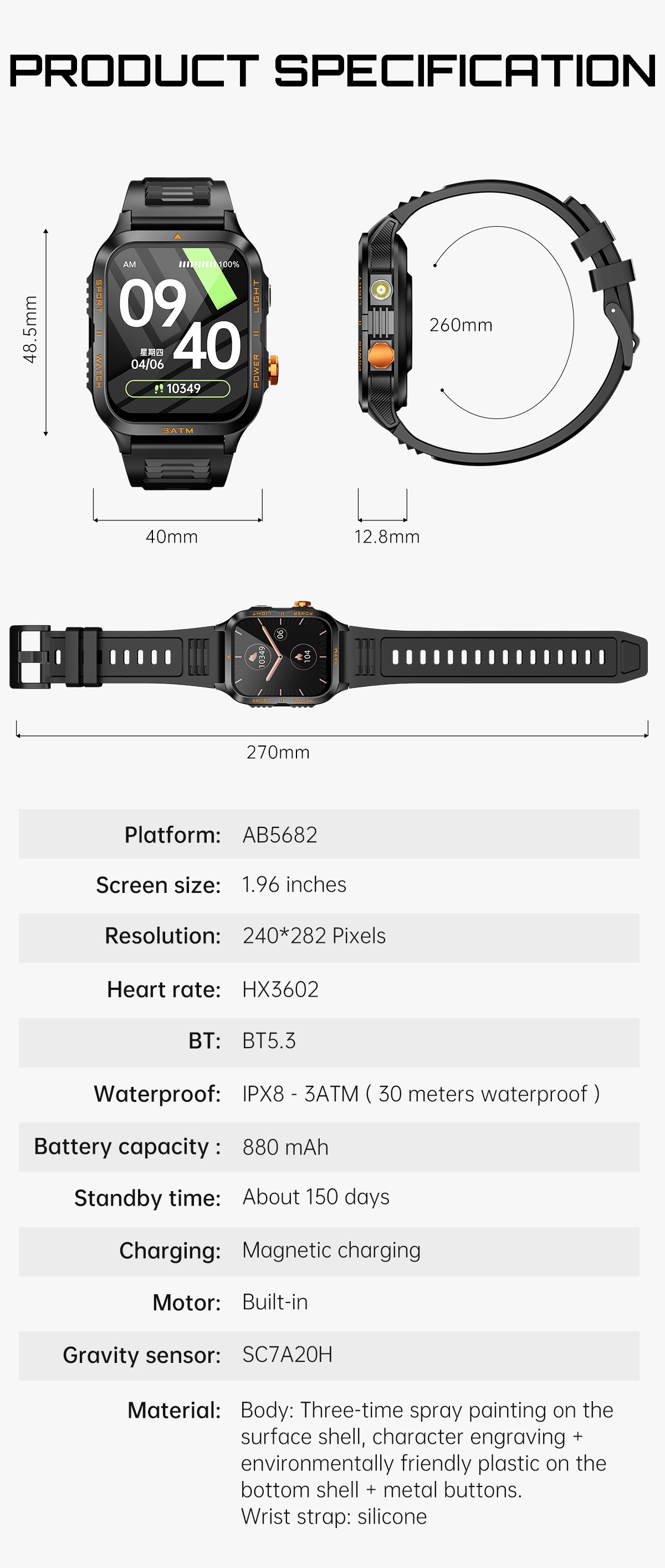 KT89 Rugged Smart Watch with Flashlight, 880mAh Battery & Sports Modes