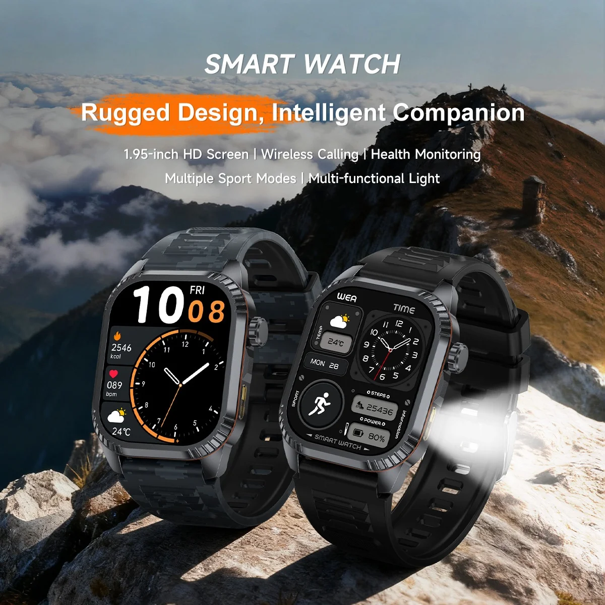 DS8 Rugged Smart Watch with 1.95" HD Square Screen & Wireless Calling