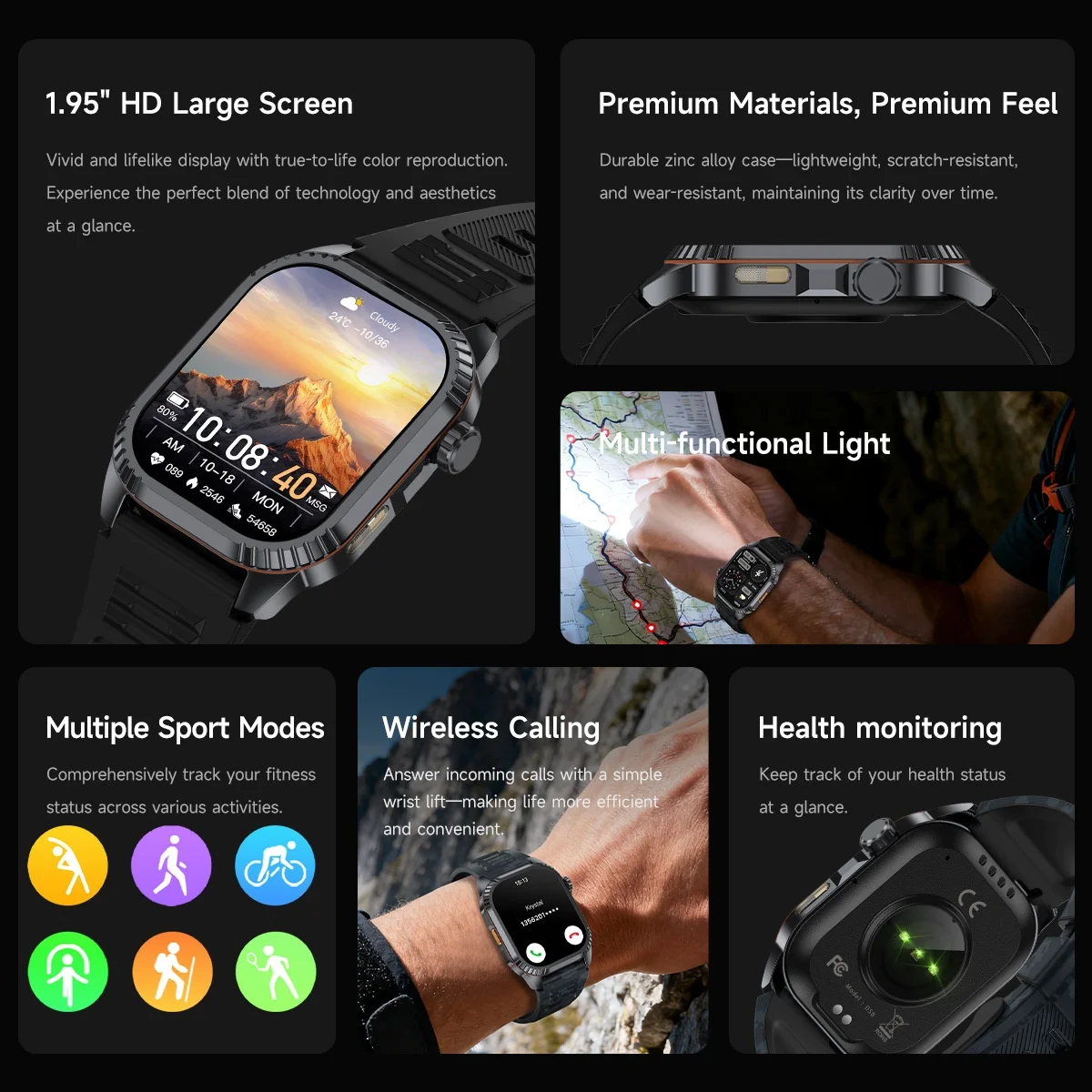 DS8 Rugged Smart Watch with 1.95" HD Square Screen & Wireless Calling