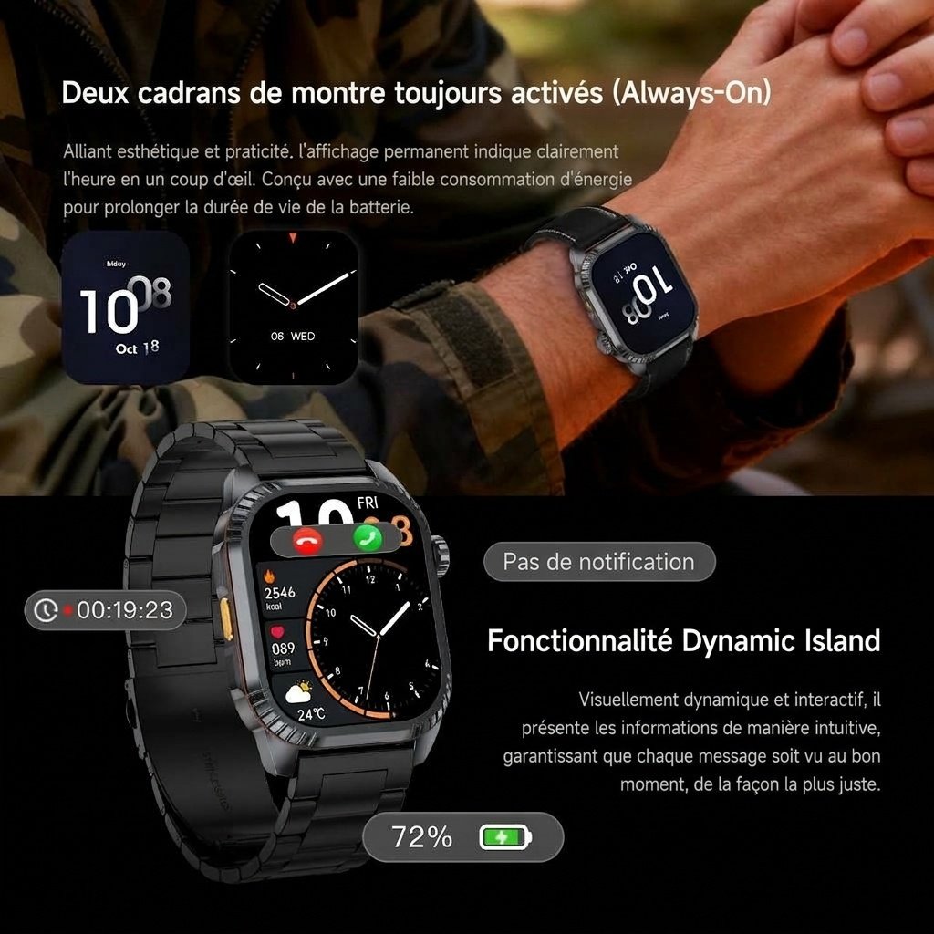 Montre connectée robuste DS8 avec écran carré HD de 1,95 pouce et appels sans fil