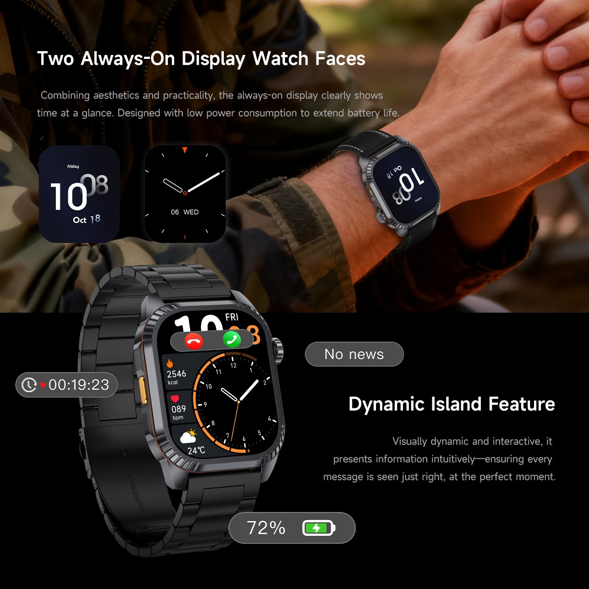 DS8 Rugged Smart Watch with 1.95" HD Square Screen & Wireless Calling